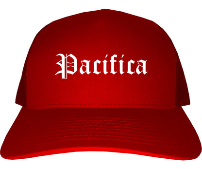 Pacifica California CA Old English Mens Trucker Hat Cap Red
