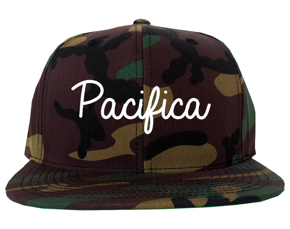 Pacifica California CA Script Mens Snapback Hat Army Camo