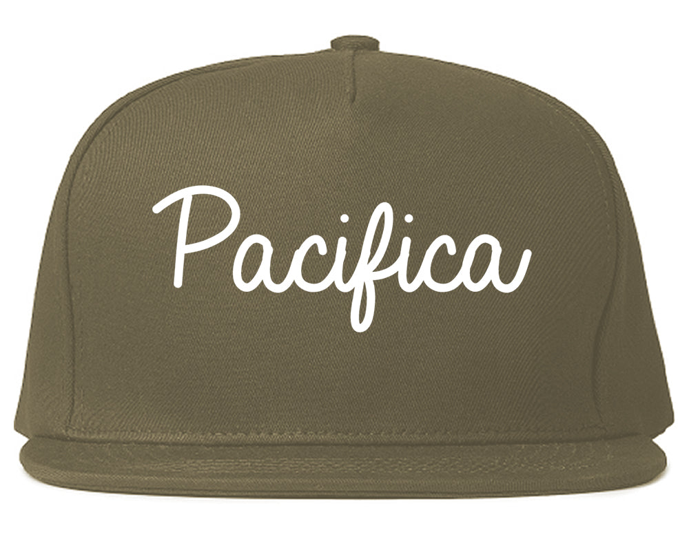 Pacifica California CA Script Mens Snapback Hat Grey