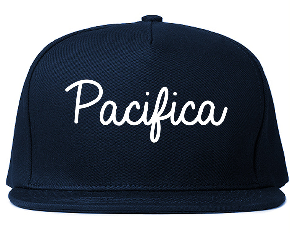 Pacifica California CA Script Mens Snapback Hat Navy Blue