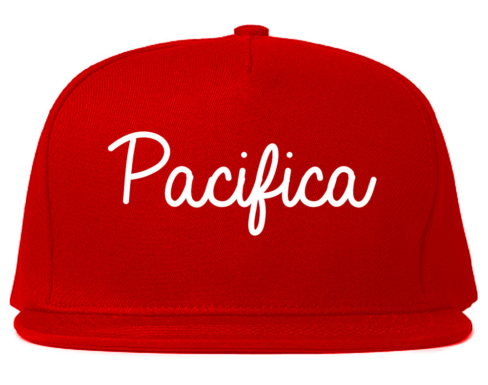 Pacifica California CA Script Mens Snapback Hat Red
