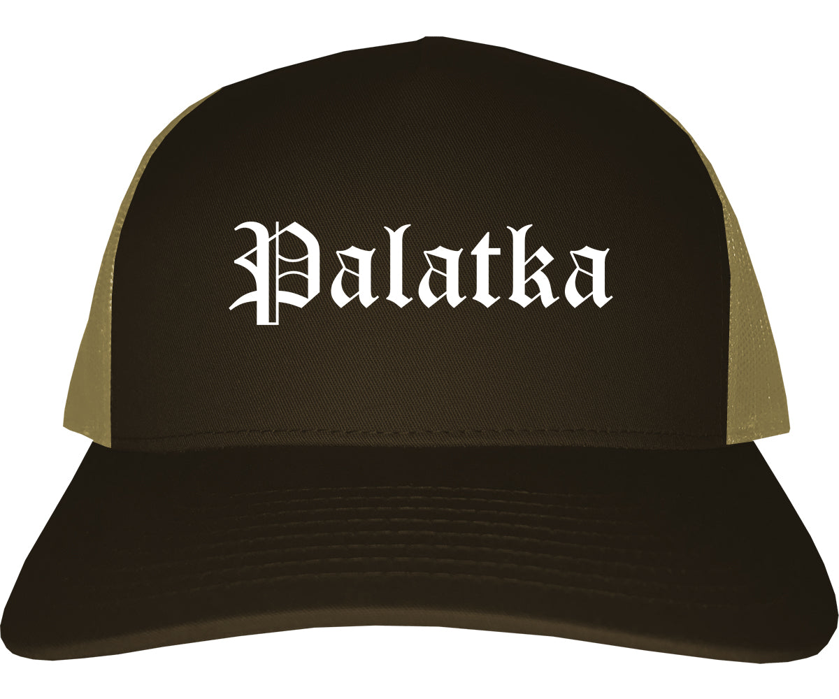 Palatka Florida FL Old English Mens Trucker Hat Cap Brown