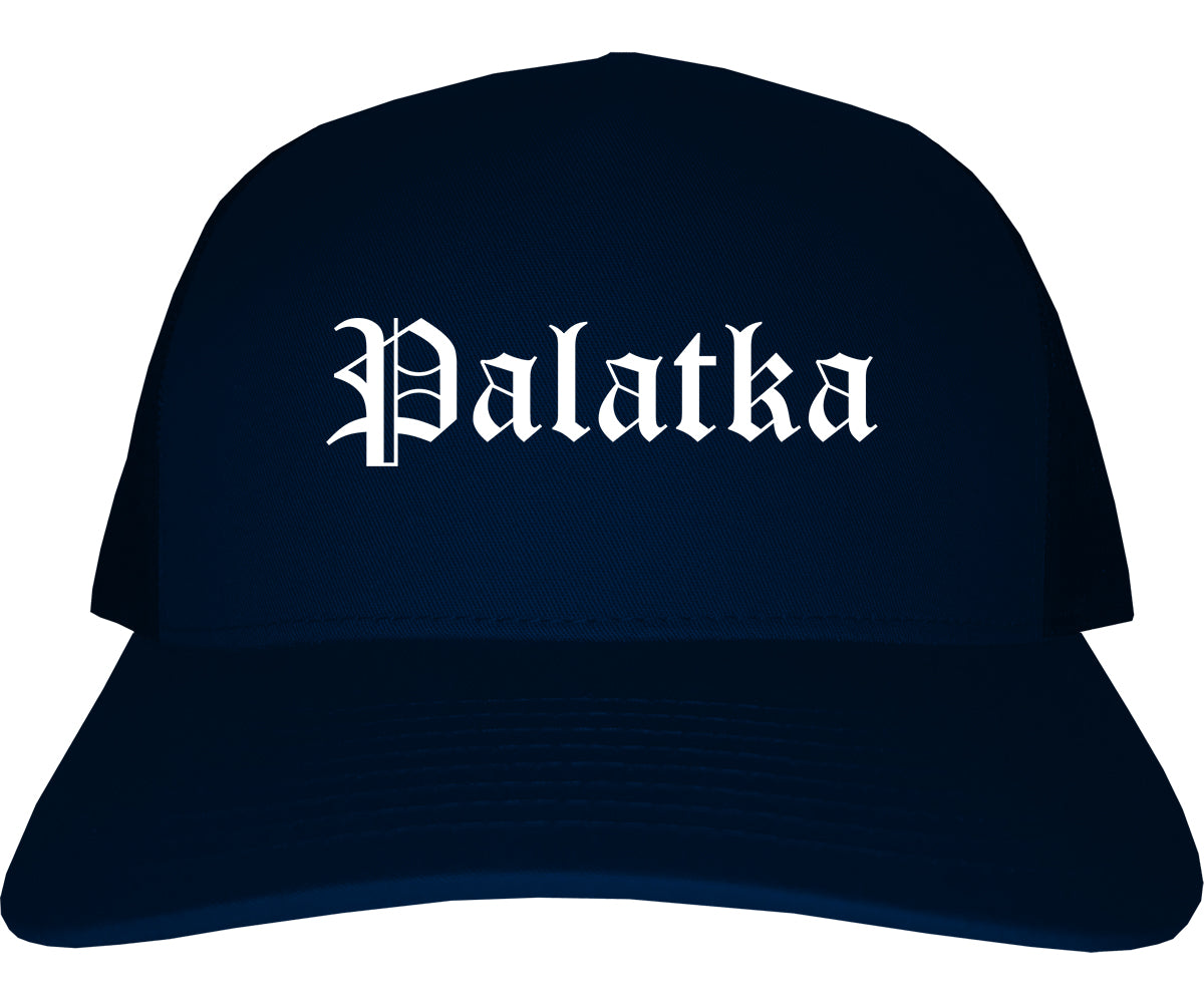 Palatka Florida FL Old English Mens Trucker Hat Cap Navy Blue