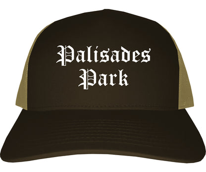 Palisades Park New Jersey NJ Old English Mens Trucker Hat Cap Brown