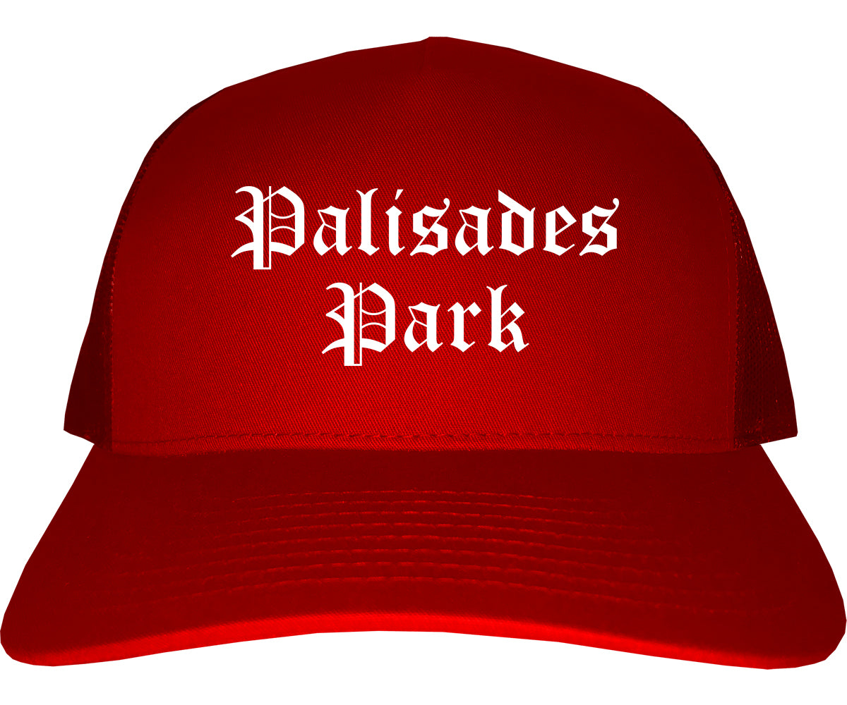 Palisades Park New Jersey NJ Old English Mens Trucker Hat Cap Red