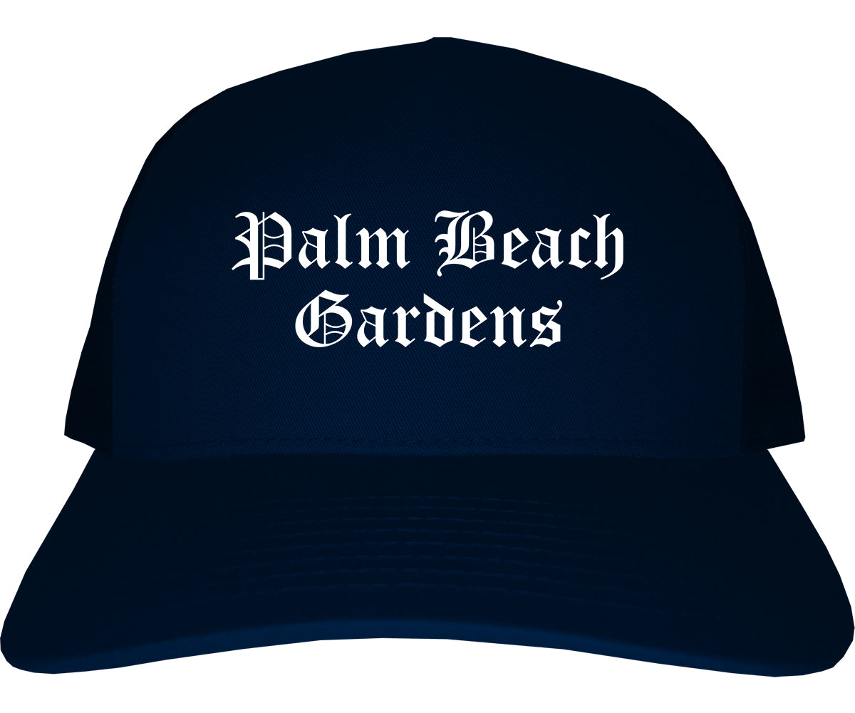 Palm Beach Gardens Florida FL Old English Mens Trucker Hat Cap Navy Blue