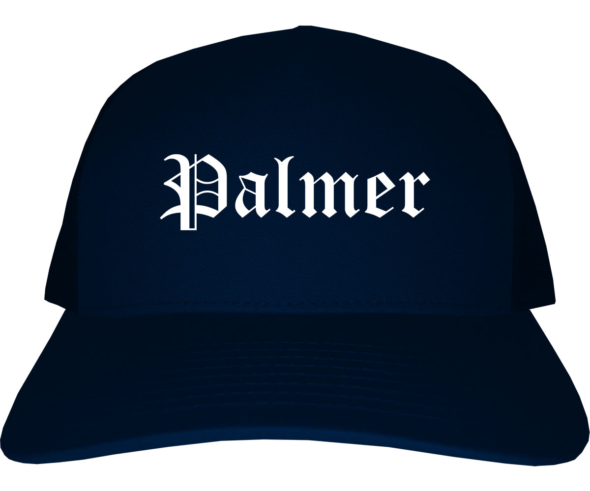 Palmer Alaska AK Old English Mens Trucker Hat Cap Navy Blue