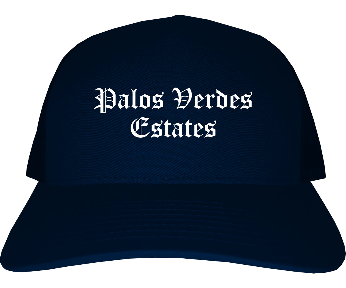 Palos Verdes Estates California CA Old English Mens Trucker Hat Cap Navy Blue
