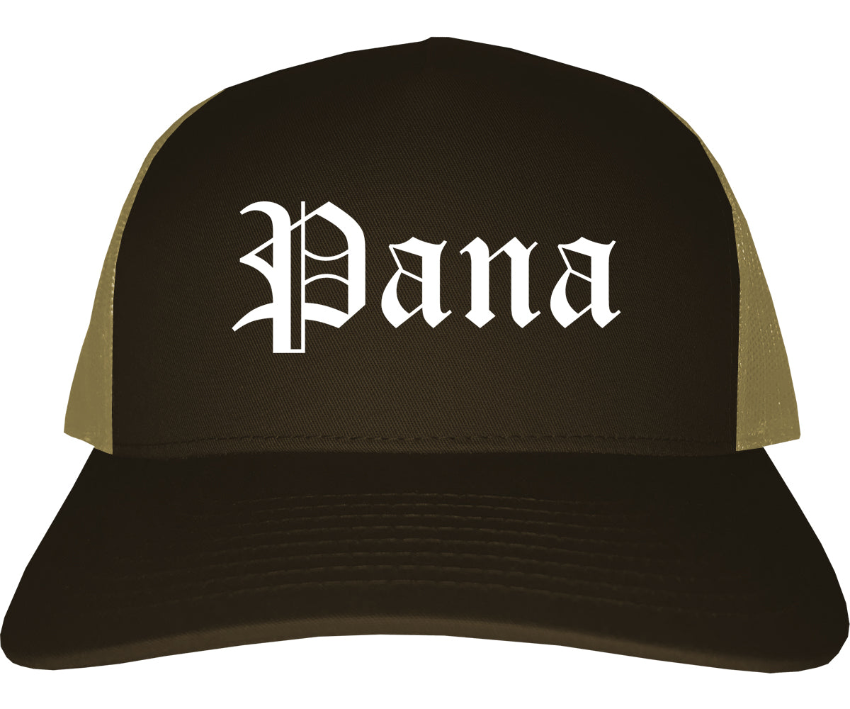 Pana Illinois IL Old English Mens Trucker Hat Cap Brown
