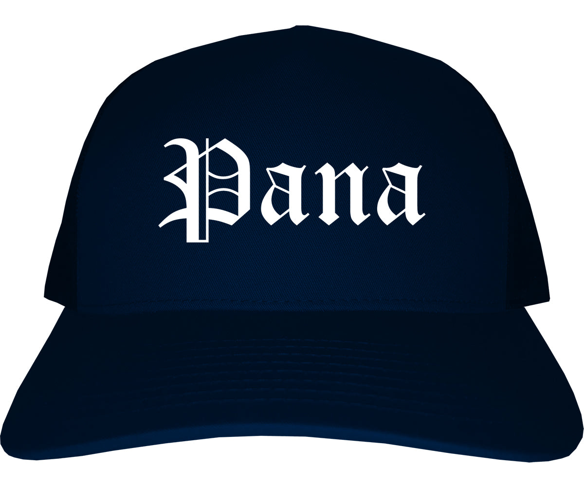 Pana Illinois IL Old English Mens Trucker Hat Cap Navy Blue