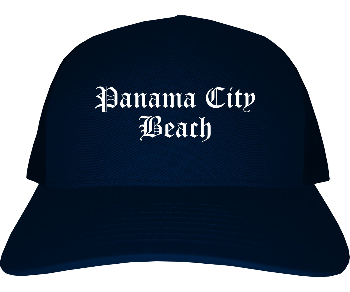 Panama City Beach Florida FL Old English Mens Trucker Hat Cap Navy Blue