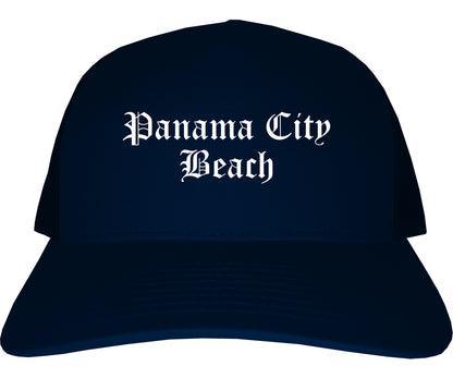 Panama City Beach Florida FL Old English Mens Trucker Hat Cap Navy Blue
