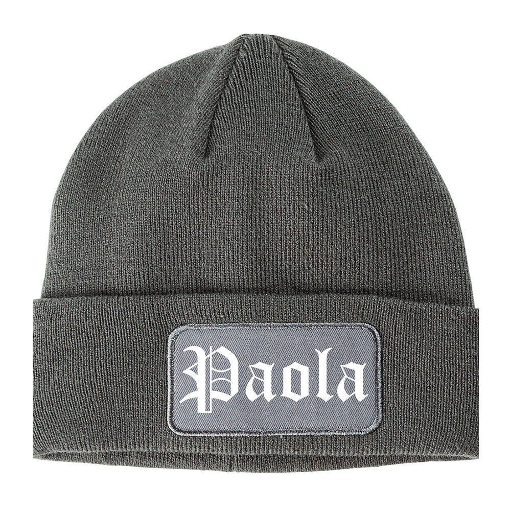 Paola Kansas KS Old English Mens Knit Beanie Hat Cap Grey