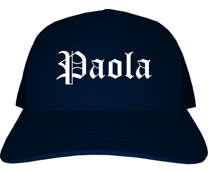 Paola Kansas KS Old English Mens Trucker Hat Cap Navy Blue