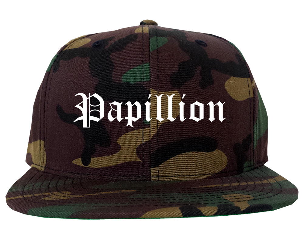 Papillion Nebraska NE Old English Mens Snapback Hat Army Camo