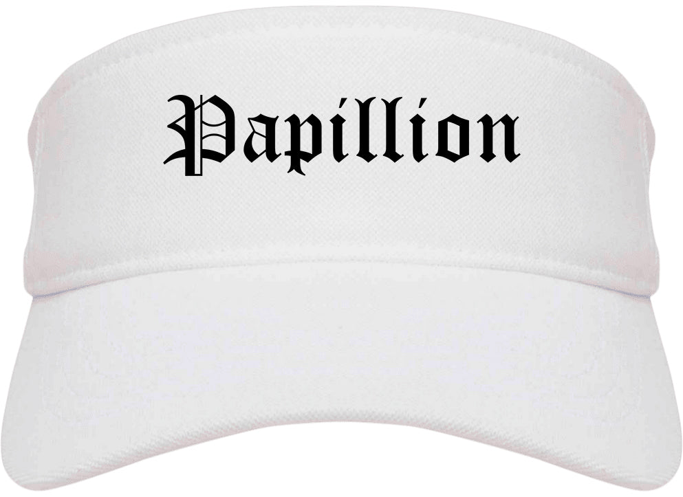 Papillion Nebraska NE Old English Mens Visor Cap Hat White
