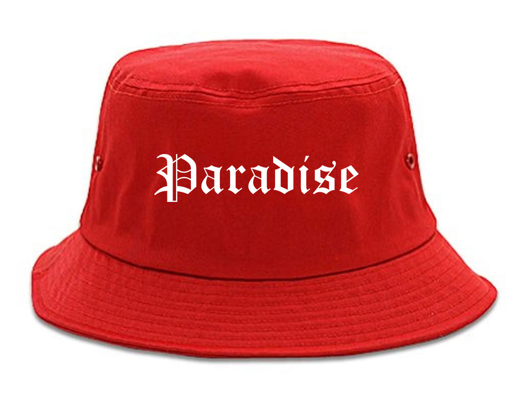 Paradise California CA Old English Mens Bucket Hat Red