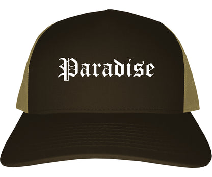 Paradise California CA Old English Mens Trucker Hat Cap Brown