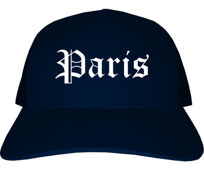 Paris Illinois IL Old English Mens Trucker Hat Cap Navy Blue