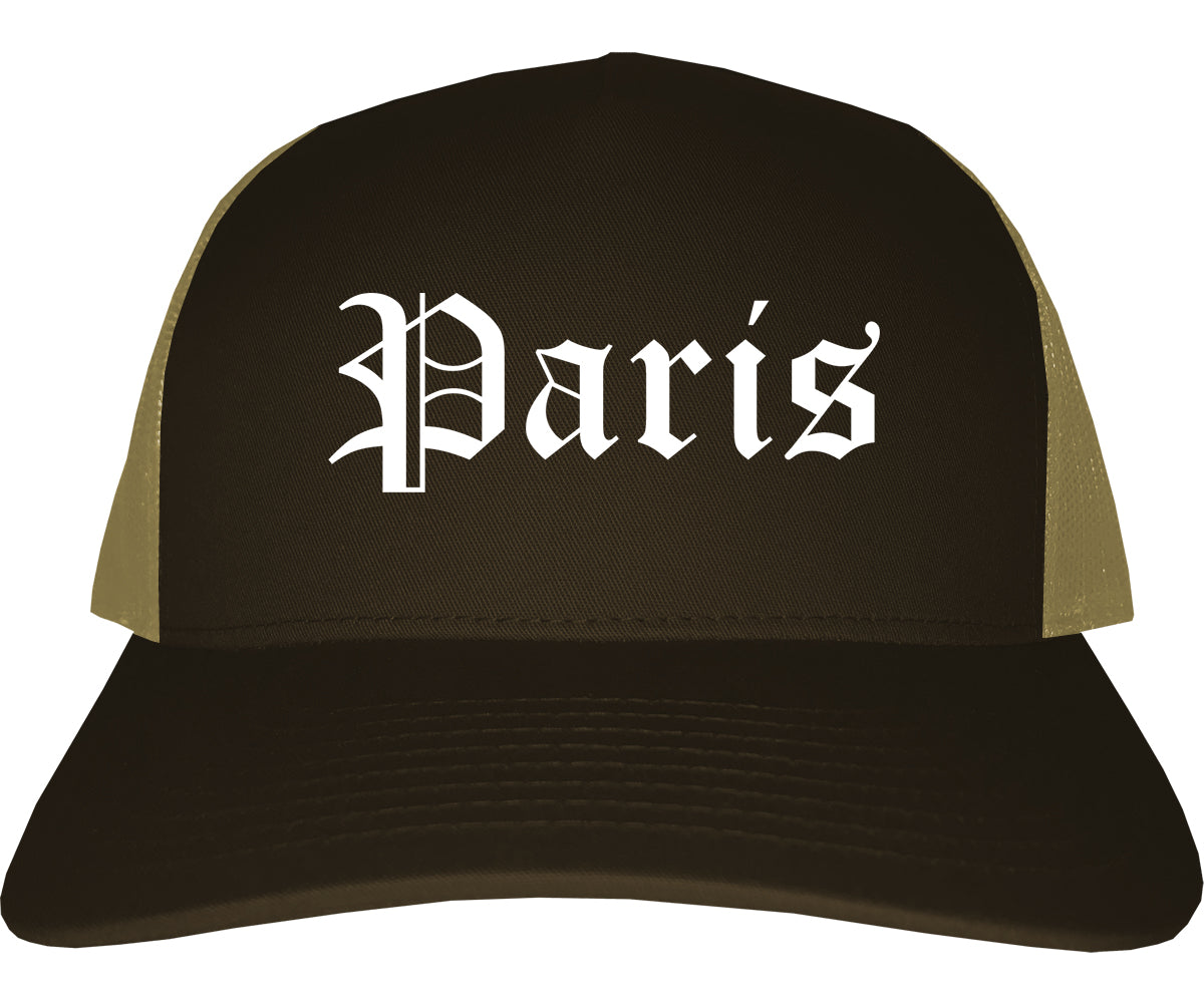Paris Kentucky KY Old English Mens Trucker Hat Cap Brown