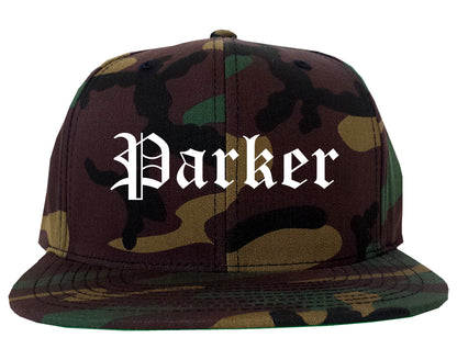 Parker Colorado CO Old English Mens Snapback Hat Army Camo