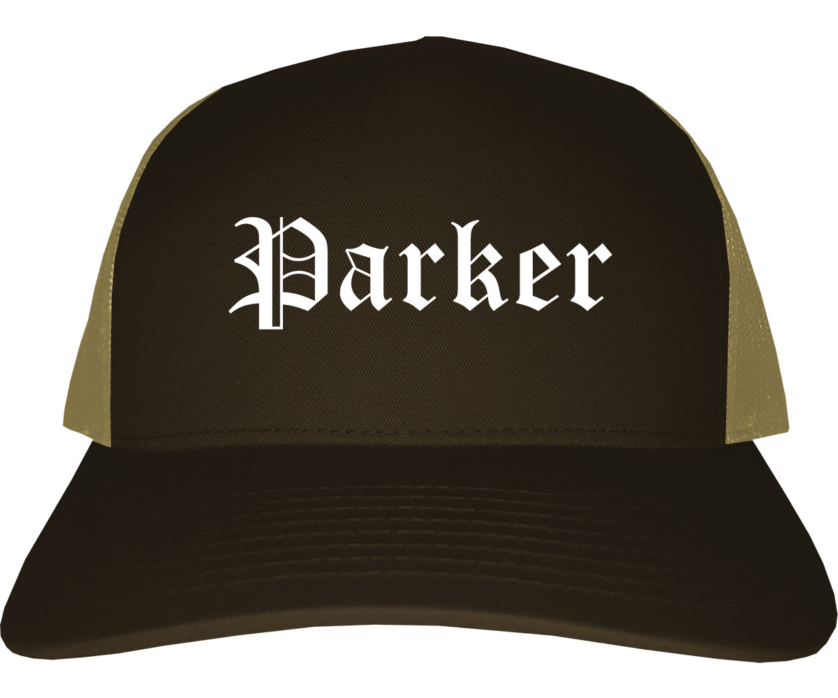Parker Florida FL Old English Mens Trucker Hat Cap Brown