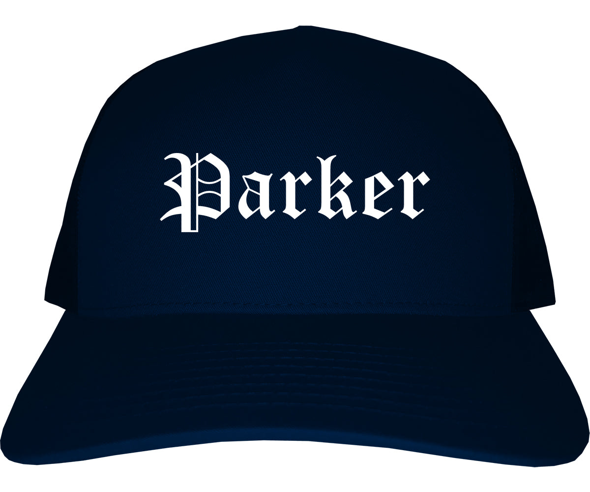 Parker Florida FL Old English Mens Trucker Hat Cap Navy Blue