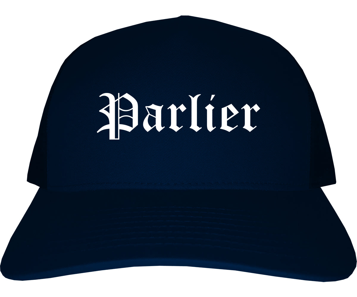 Parlier California CA Old English Mens Trucker Hat Cap Navy Blue