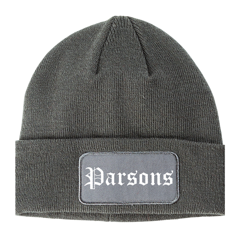 Parsons Kansas KS Old English Mens Knit Beanie Hat Cap Grey