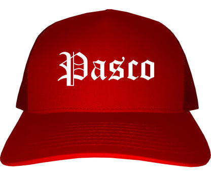 Pasco Washington WA Old English Mens Trucker Hat Cap Red