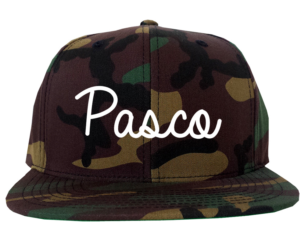 Pasco Washington WA Script Mens Snapback Hat Army Camo