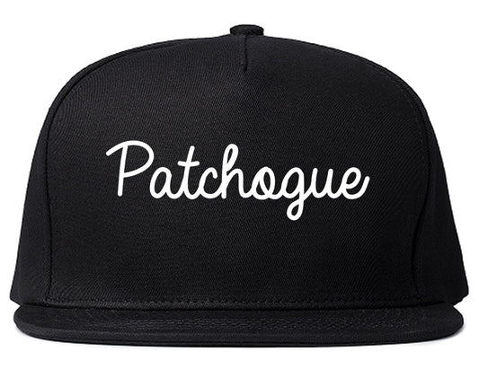 Patchogue New York NY Script Mens Snapback Hat Black