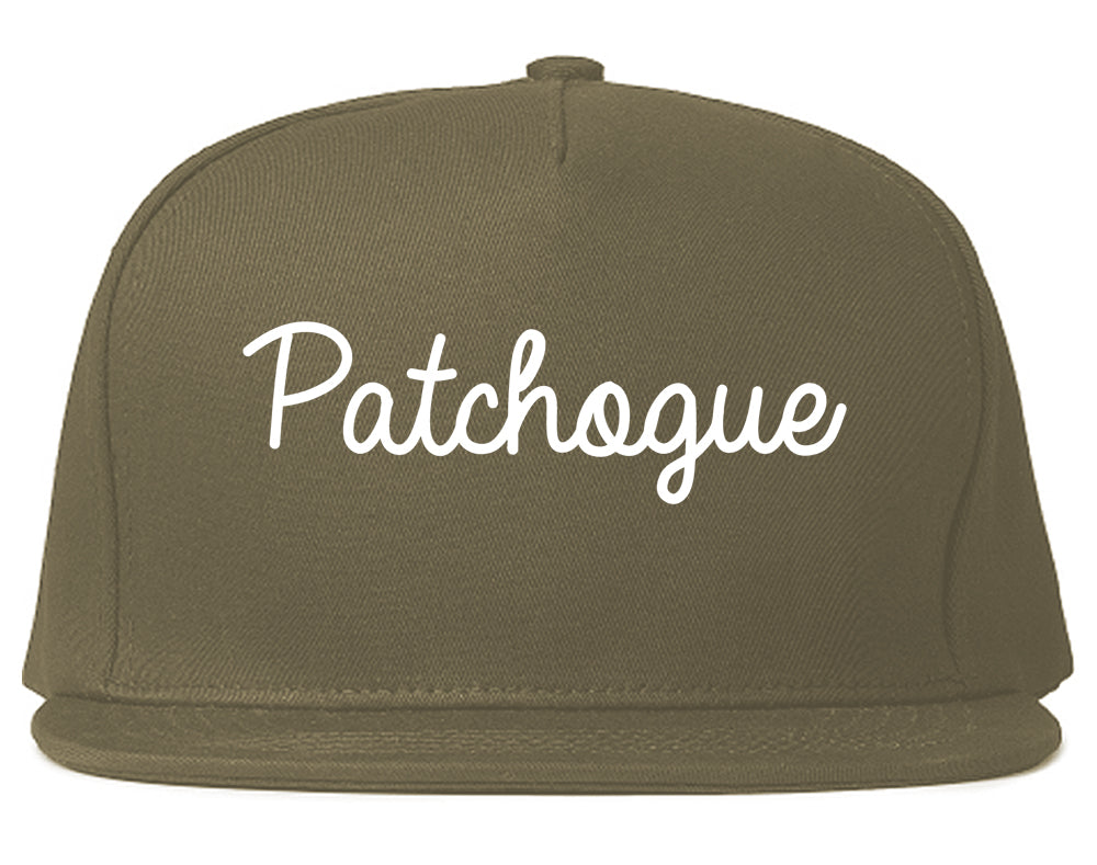 Patchogue New York NY Script Mens Snapback Hat Grey