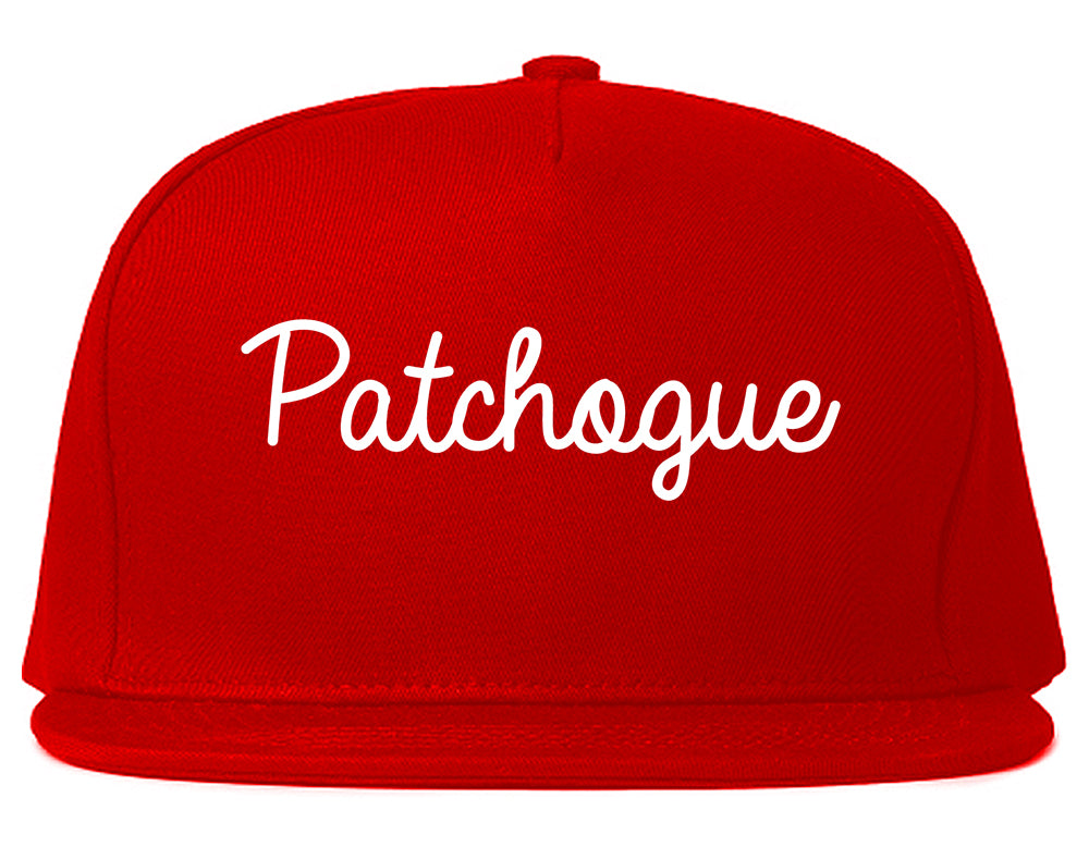 Patchogue New York NY Script Mens Snapback Hat Red