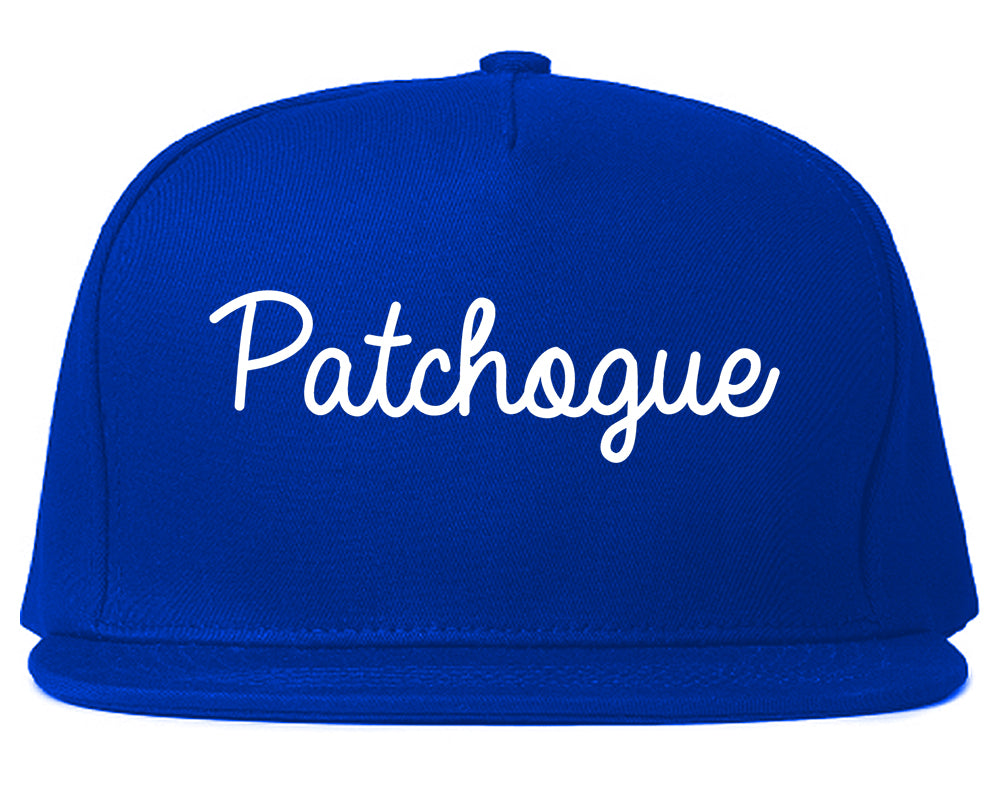 Patchogue New York NY Script Mens Snapback Hat Royal Blue