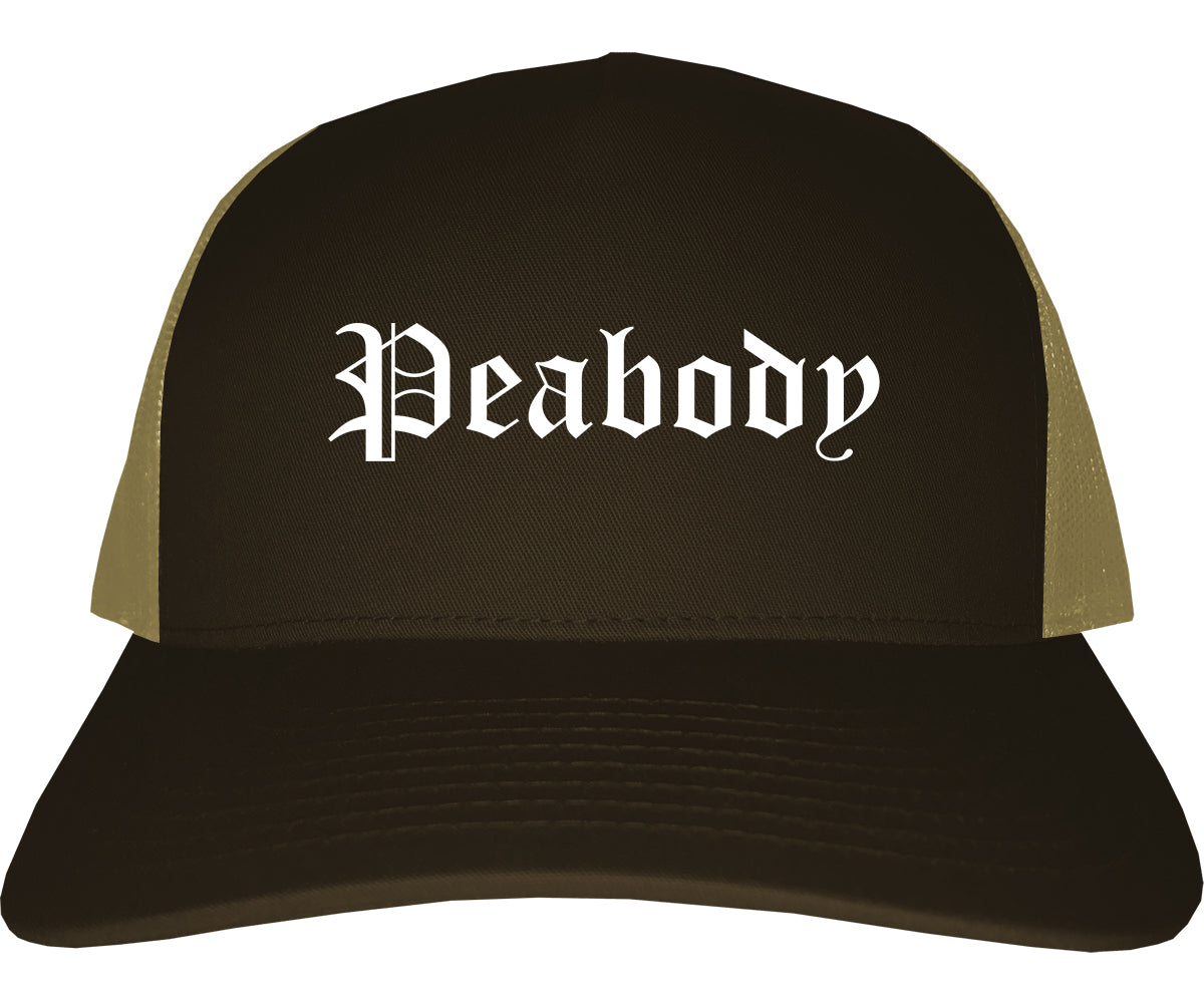 Peabody Massachusetts MA Old English Mens Trucker Hat Cap Brown