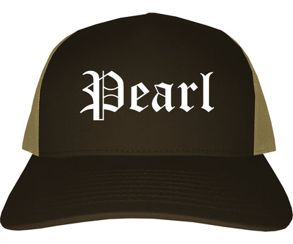 Pearl Mississippi MS Old English Mens Trucker Hat Cap Brown