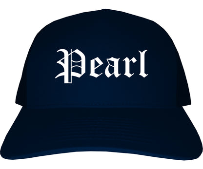 Pearl Mississippi MS Old English Mens Trucker Hat Cap Navy Blue