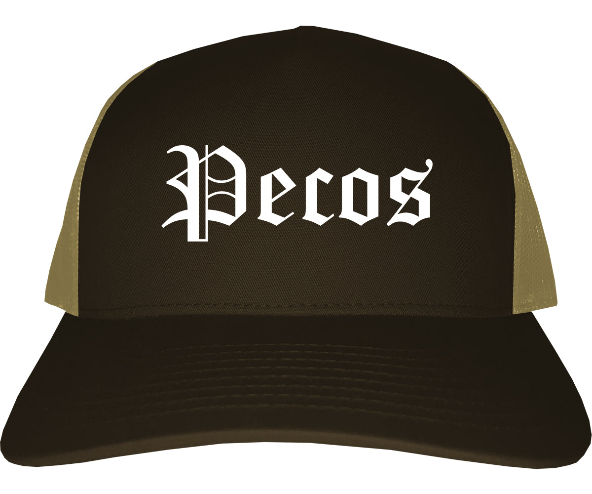 Pecos Texas TX Old English Mens Trucker Hat Cap Brown