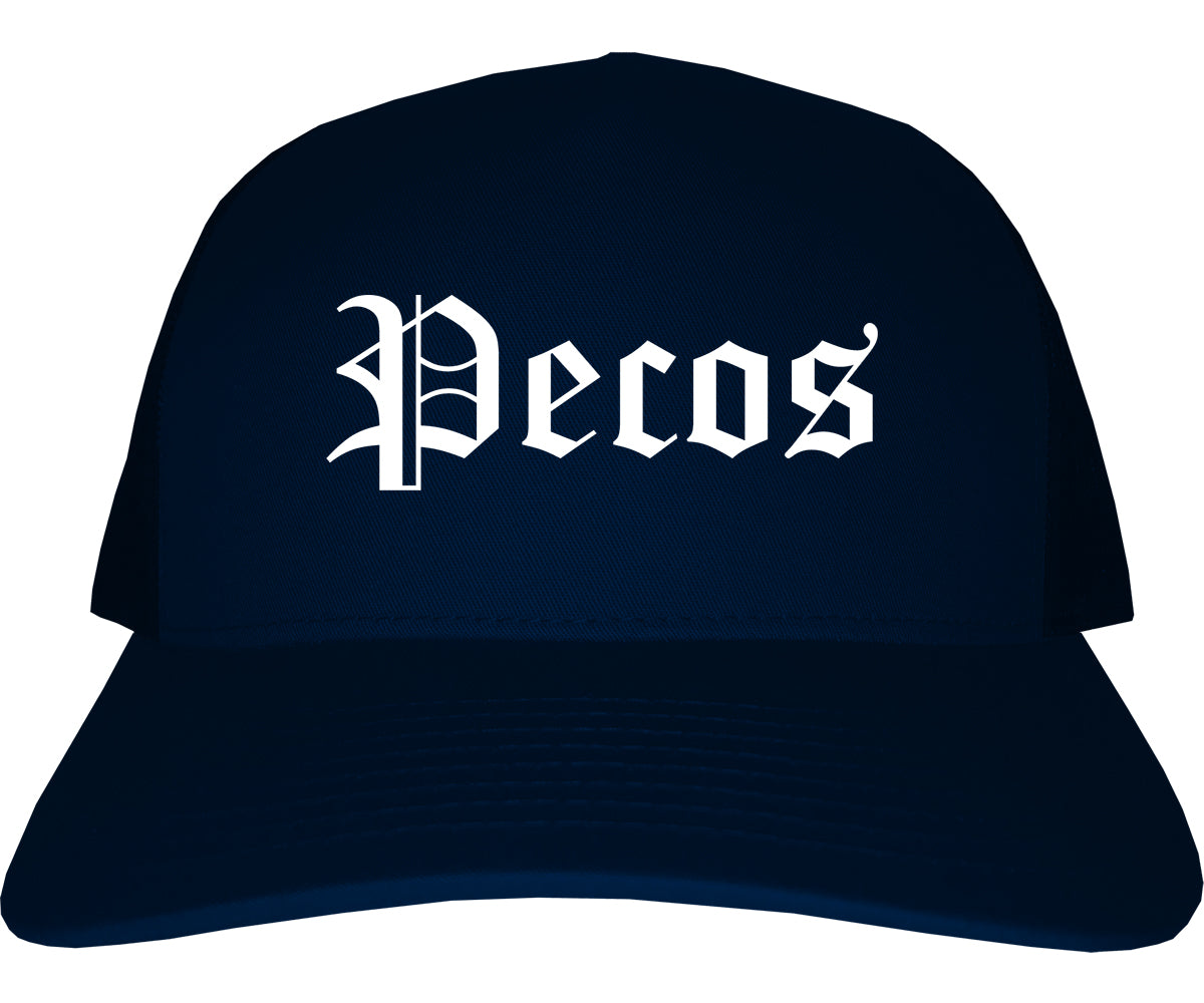 Pecos Texas TX Old English Mens Trucker Hat Cap Navy Blue