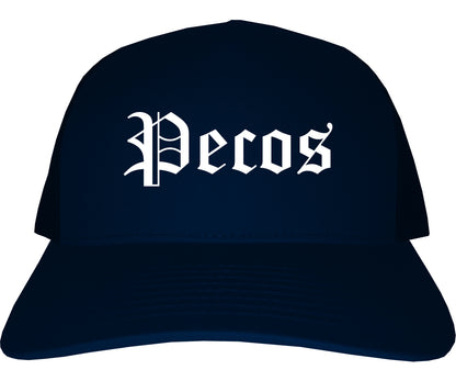Pecos Texas TX Old English Mens Trucker Hat Cap Navy Blue
