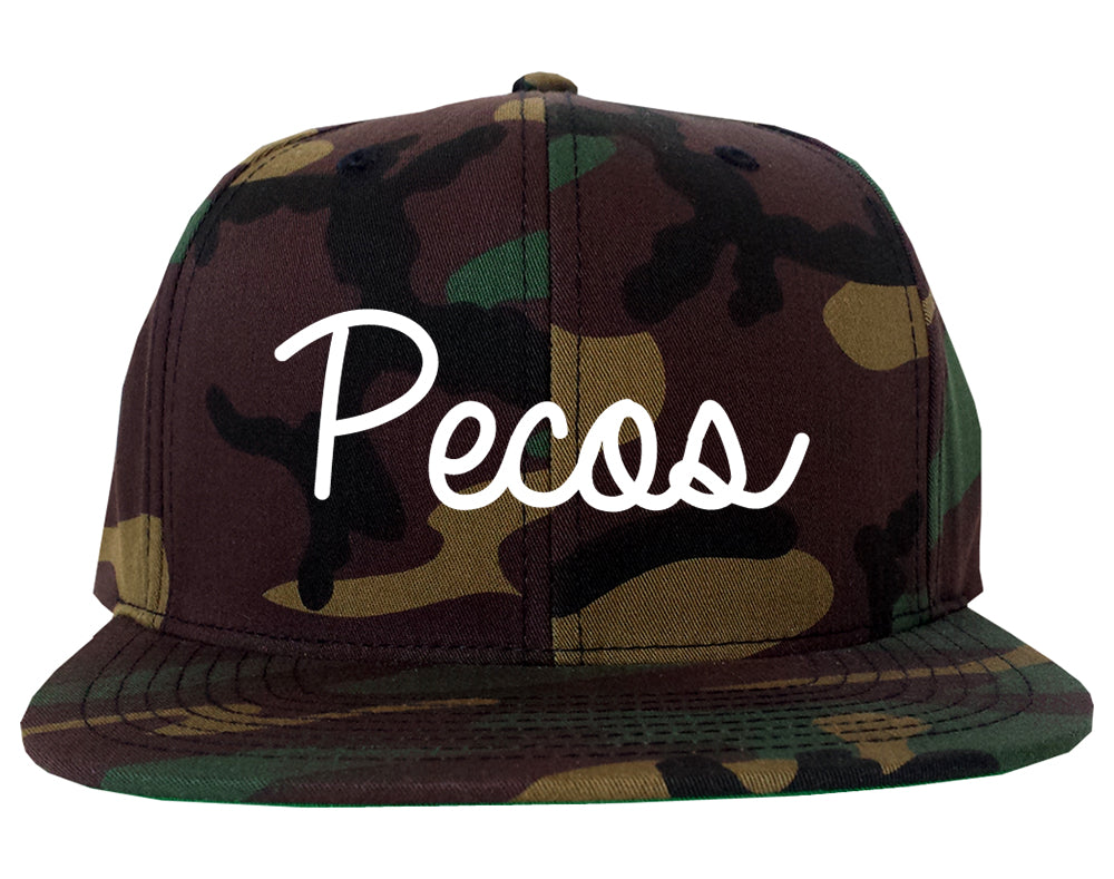 Pecos Texas TX Script Mens Snapback Hat Army Camo