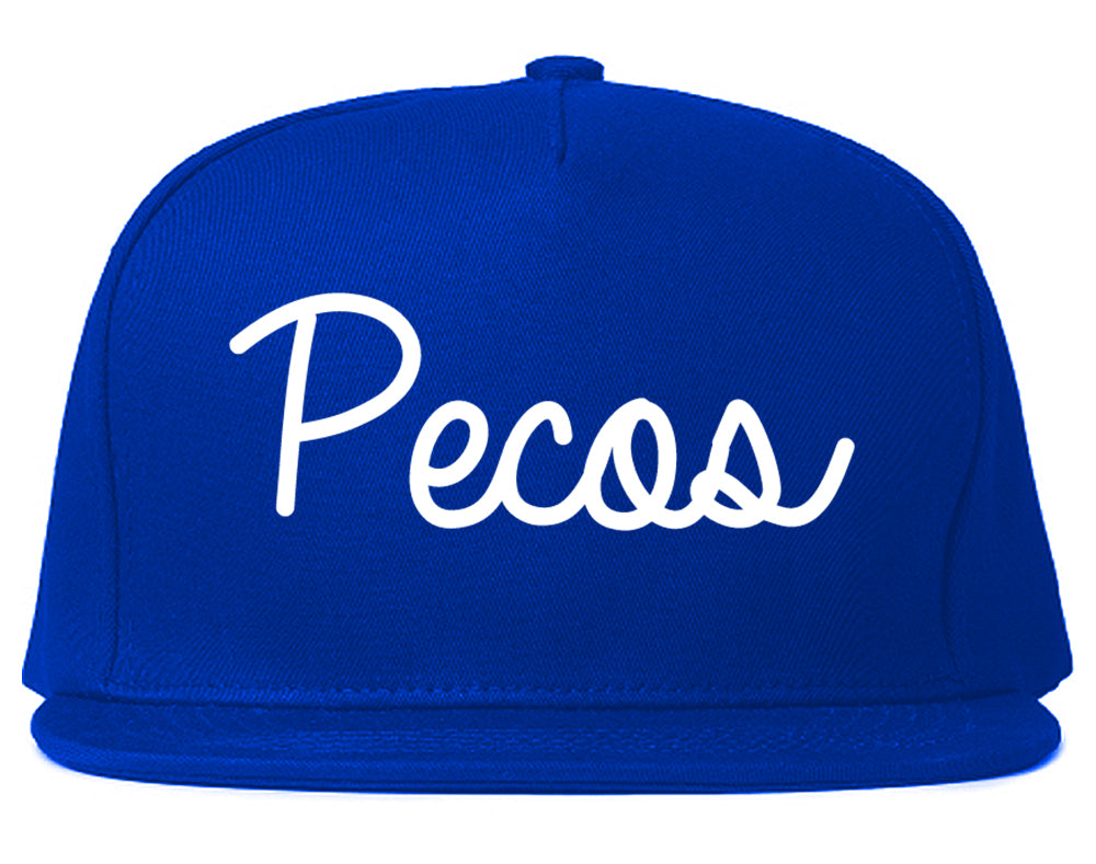 Pecos Texas TX Script Mens Snapback Hat Royal Blue