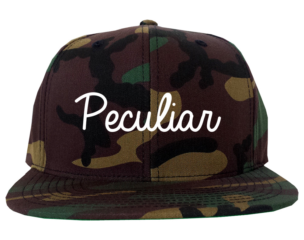 Peculiar Missouri MO Script Mens Snapback Hat Army Camo