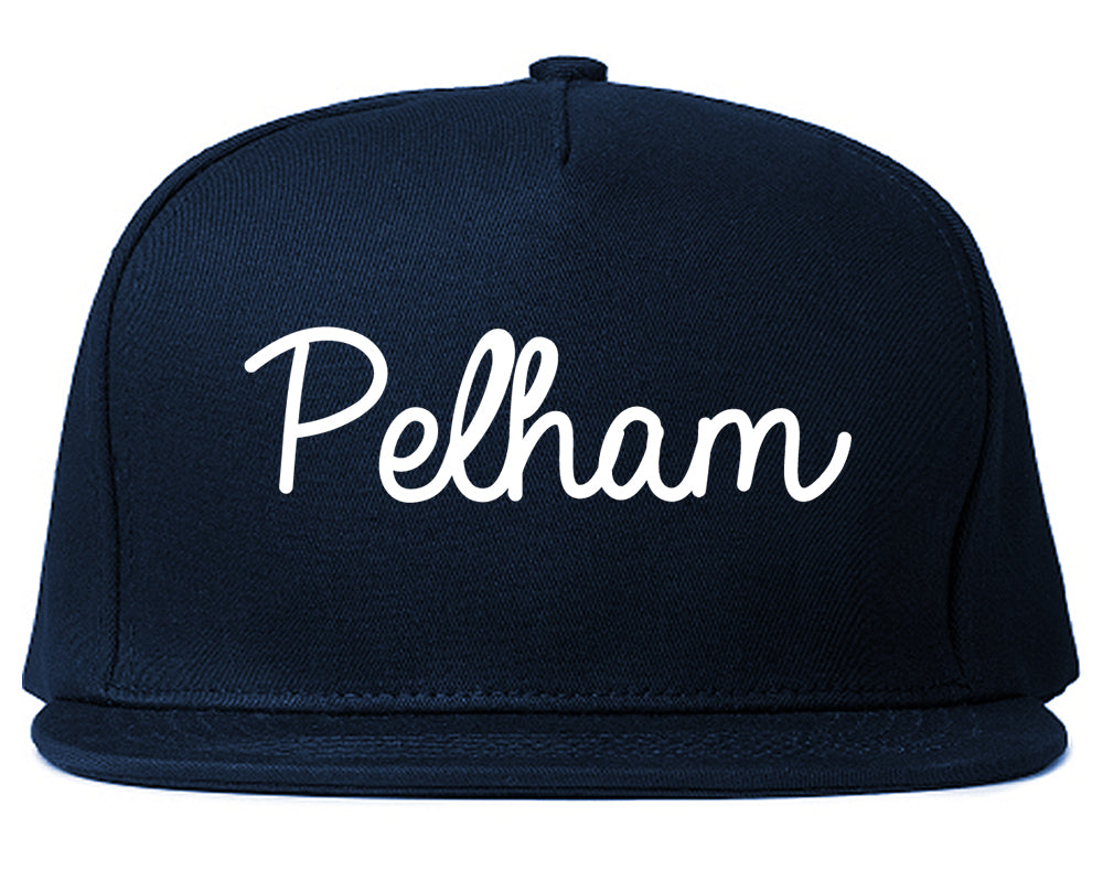 Pelham New York NY Script Mens Snapback Hat Navy Blue