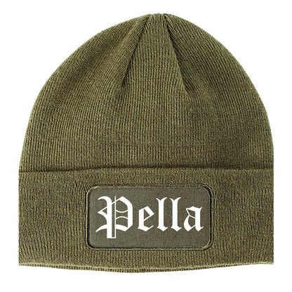 Pella Iowa IA Old English Mens Knit Beanie Hat Cap Olive Green