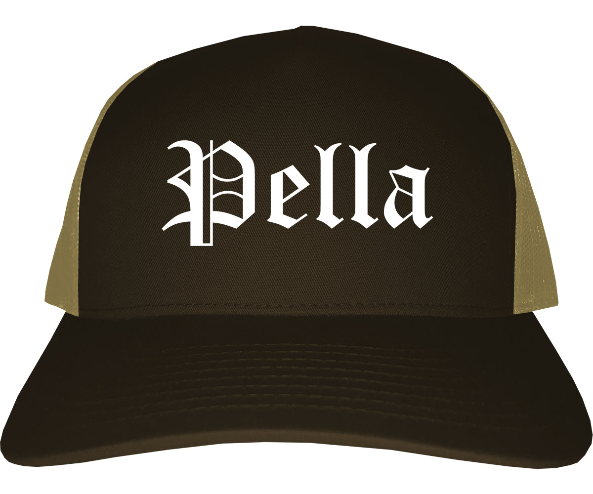 Pella Iowa IA Old English Mens Trucker Hat Cap Brown