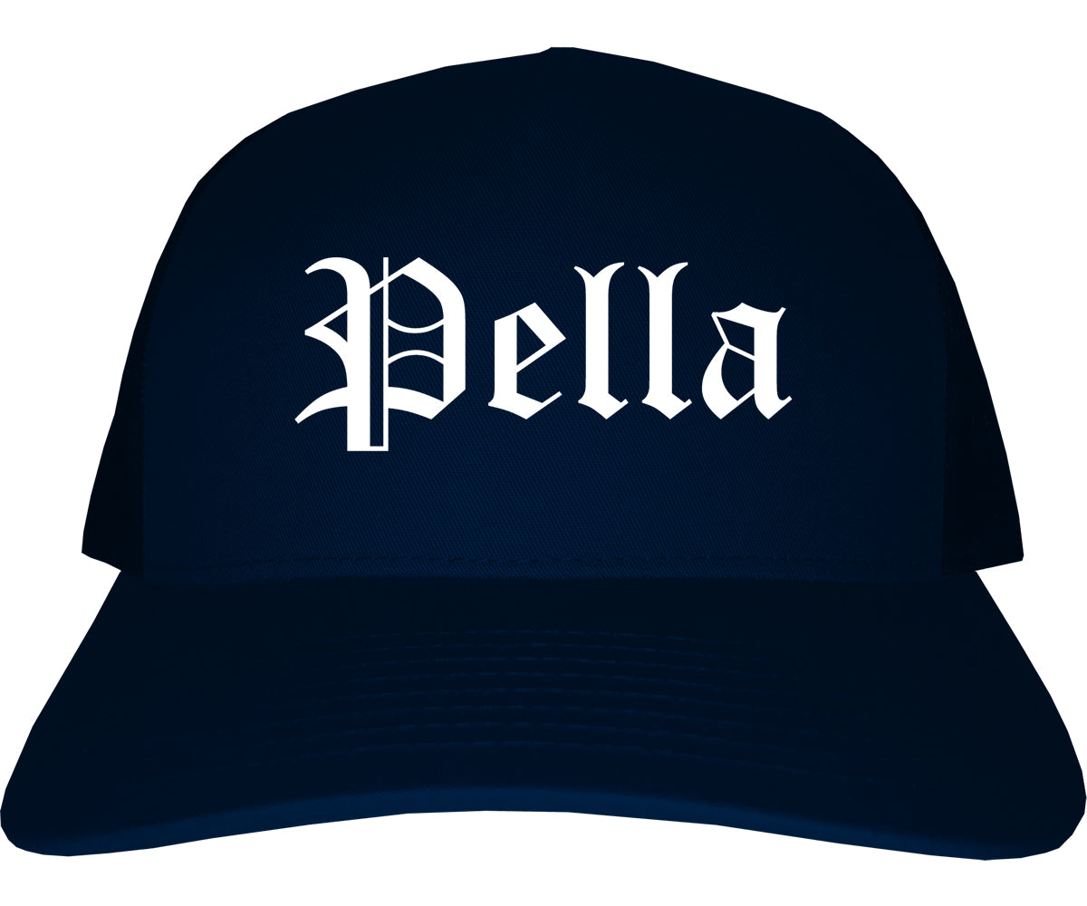 Pella Iowa IA Old English Mens Trucker Hat Cap Navy Blue