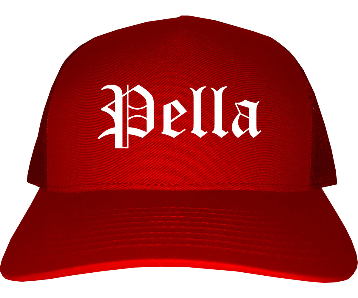 Pella Iowa IA Old English Mens Trucker Hat Cap Red