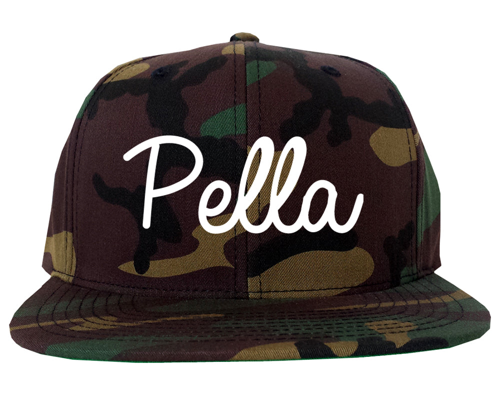 Pella Iowa IA Script Mens Snapback Hat Army Camo